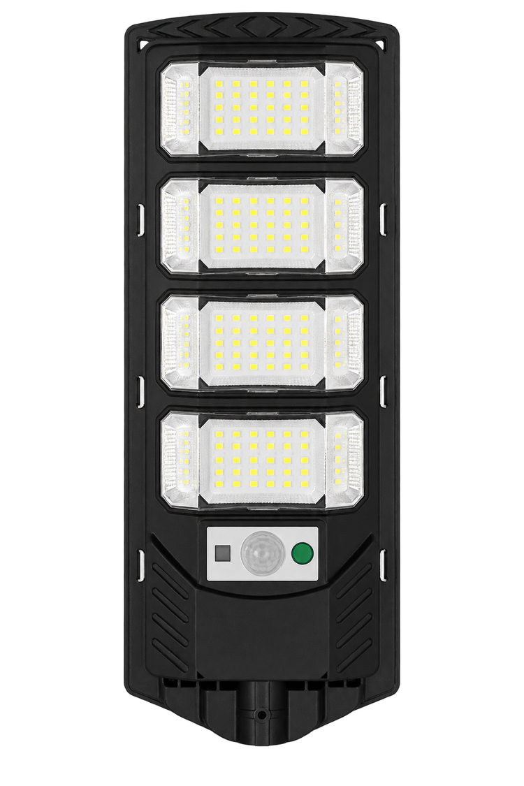 Lámpara solar LED de calle negra con cuatro módulos y sensor